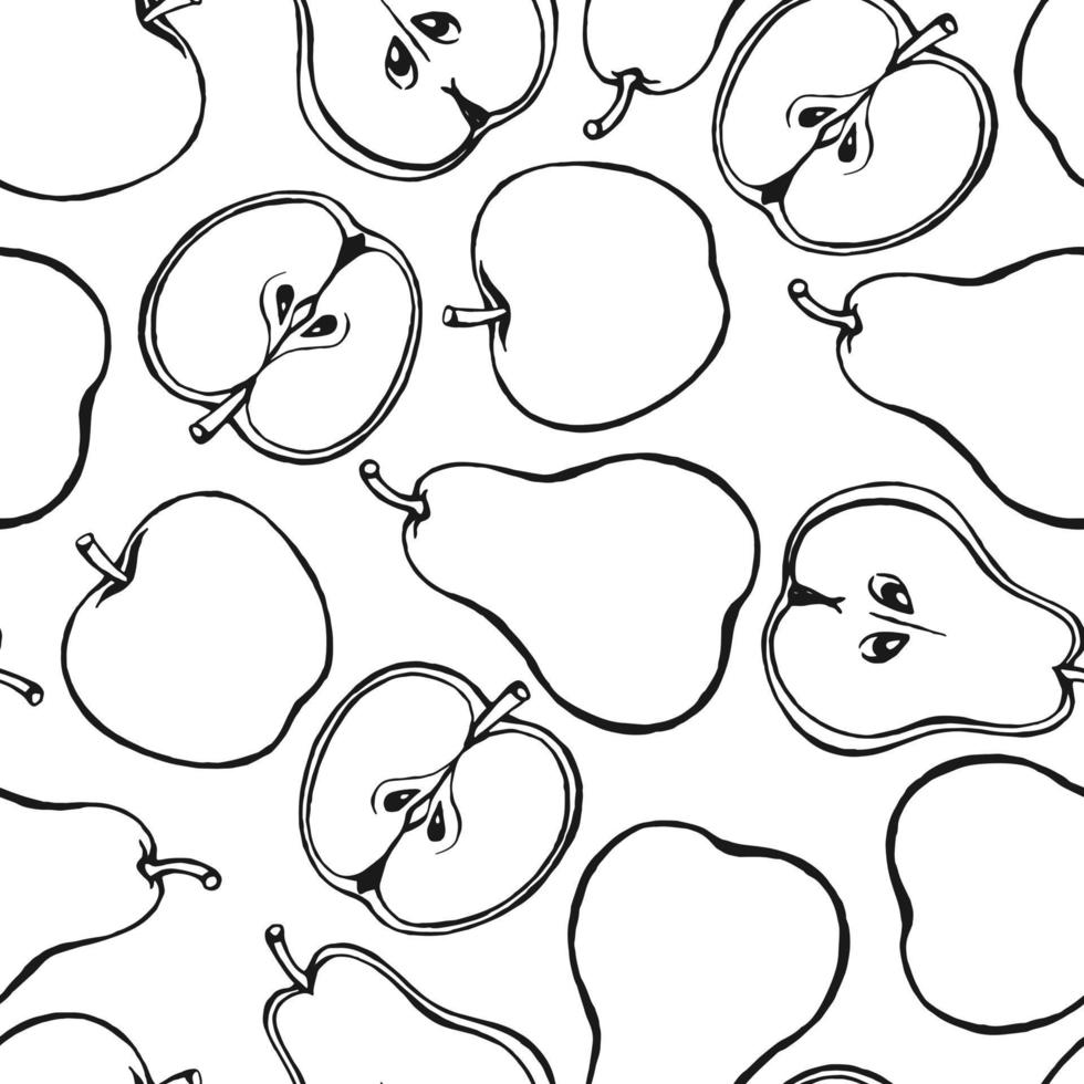 Seamless pattern with hand drawn fruits elements apple pear. Vegetarian wallpaper. vector