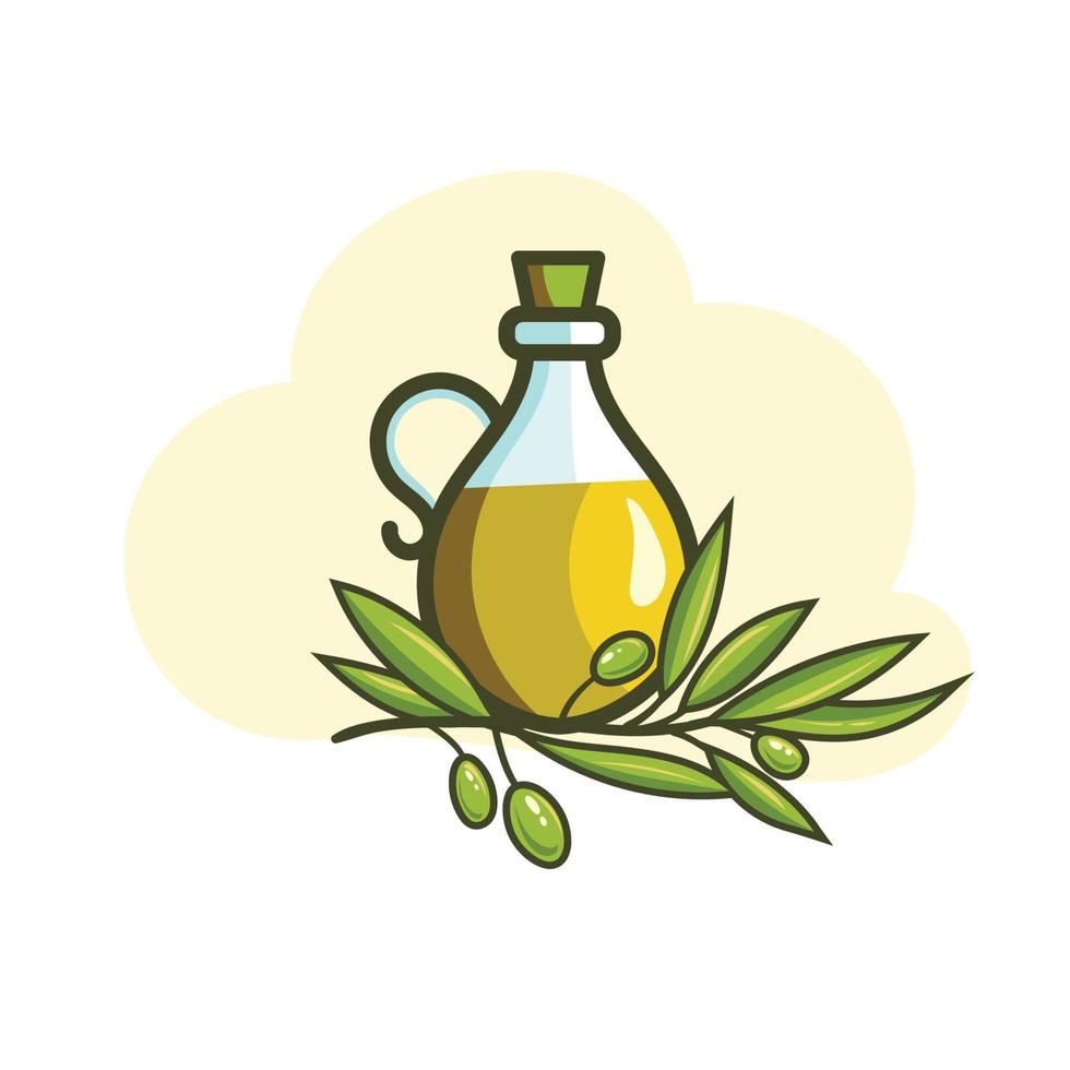 glass bottle of olive oil and olives with leaves vector