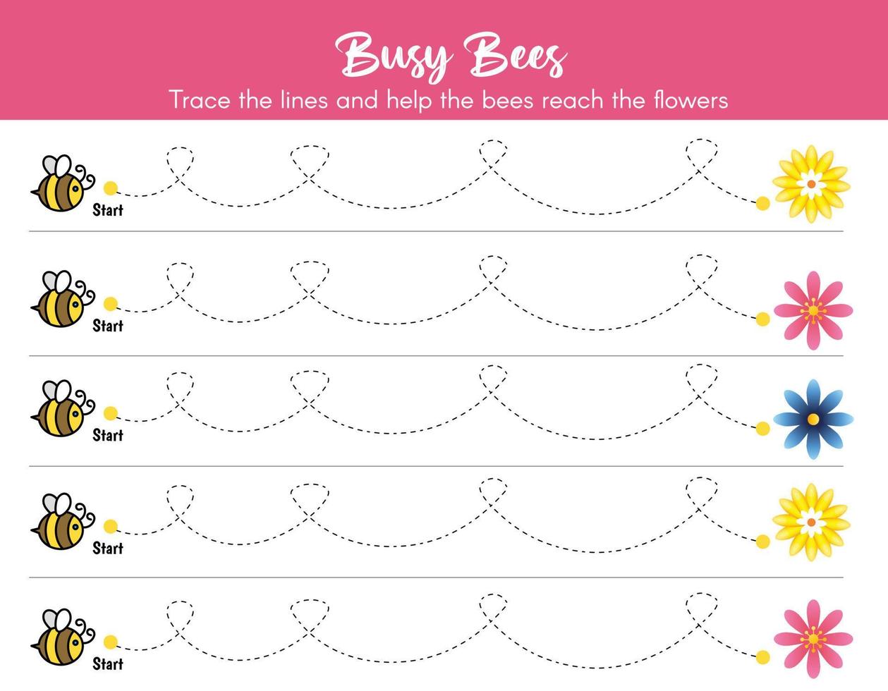 Educational worksheet for kids. Tracing lines. Handwriting practice. Bee and flower. vector