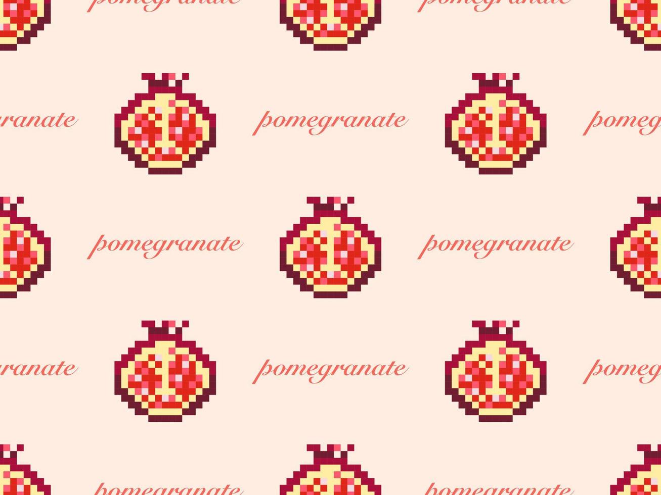 Pomegranate cartoon character seamless pattern on orange background.Pixel style vector