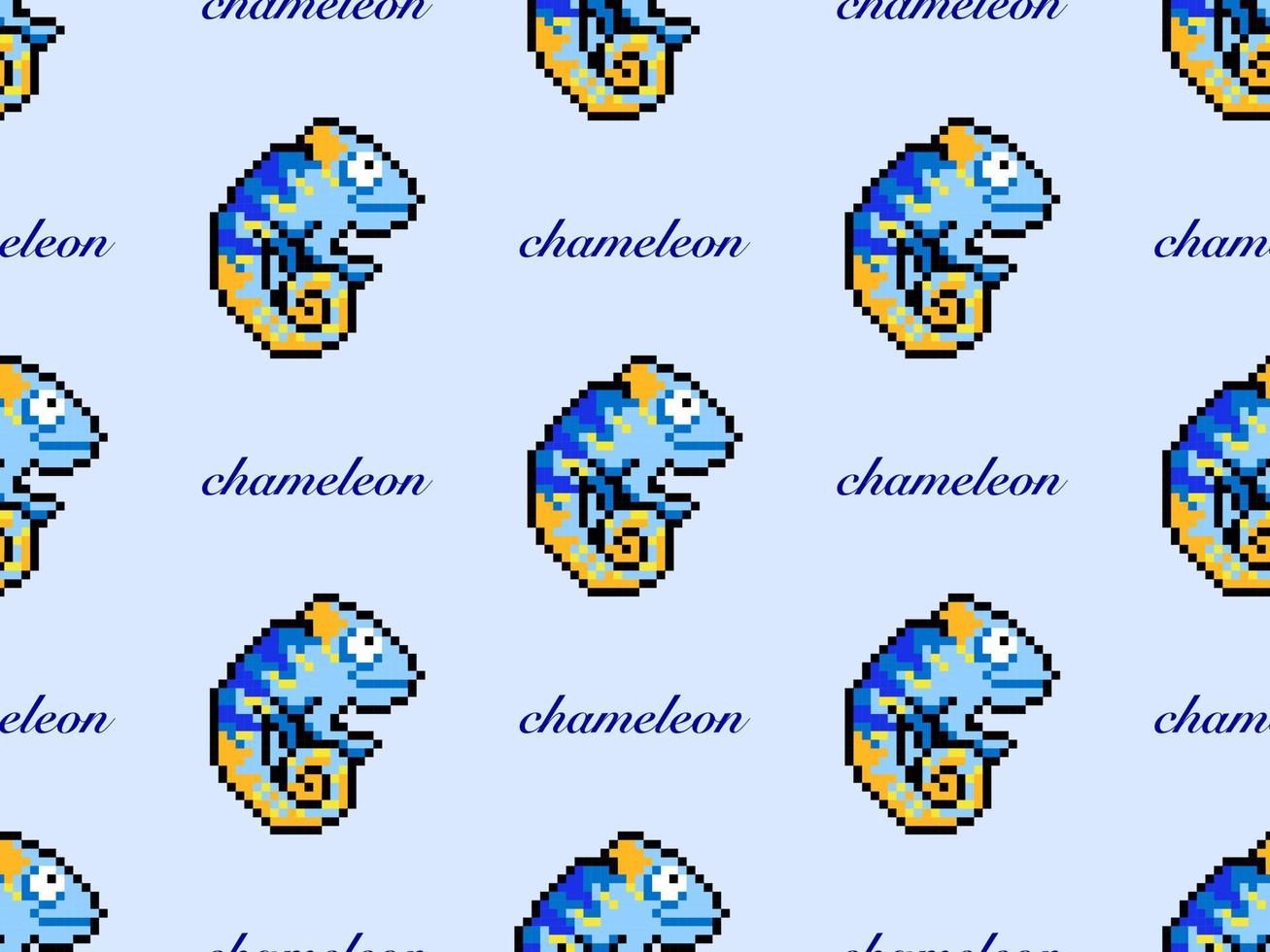 Chameleon cartoon character seamless pattern on blue background.Pixel style vector