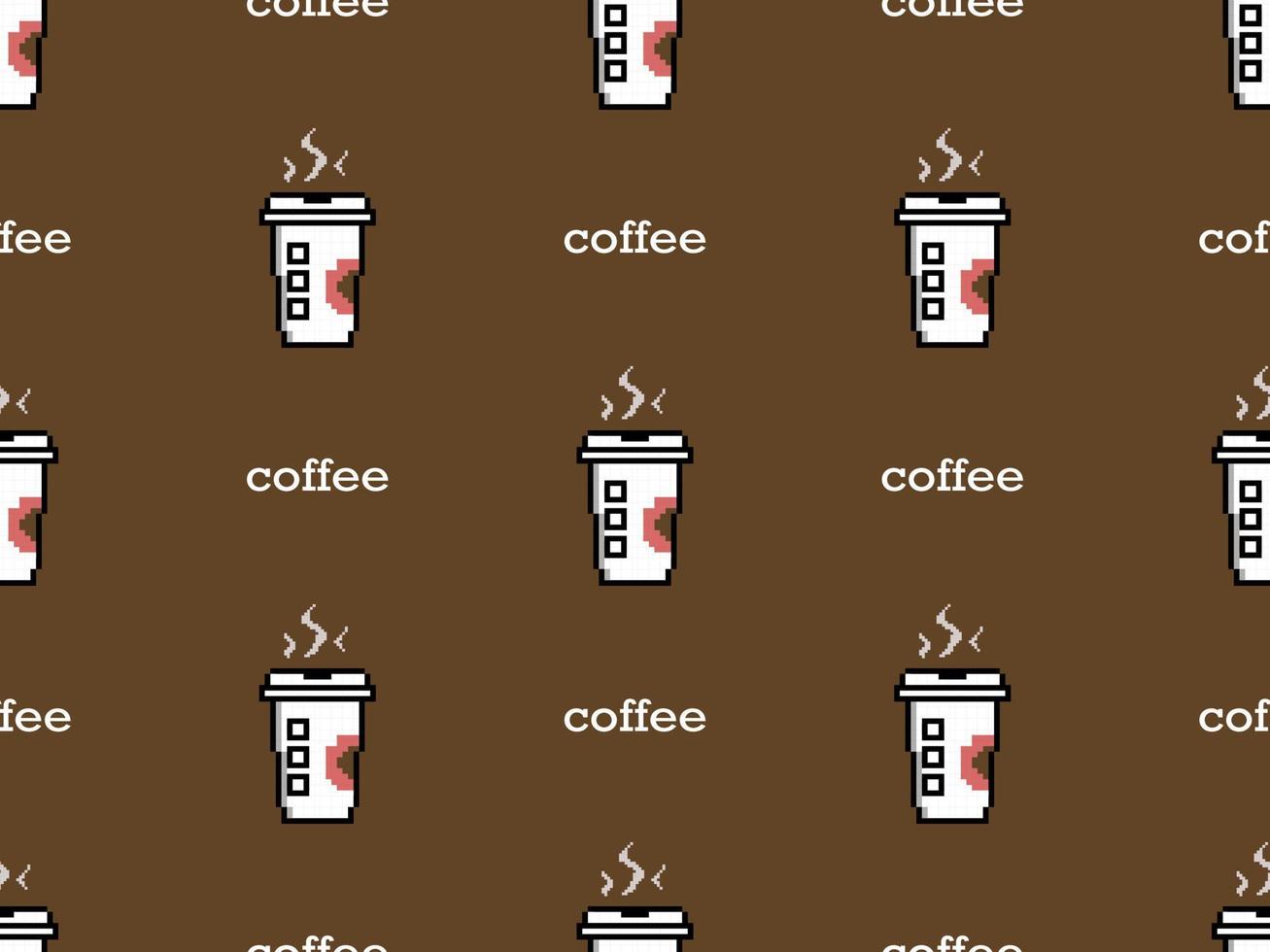 Coffee cartoon character seamless pattern on brown background.Pixel style vector