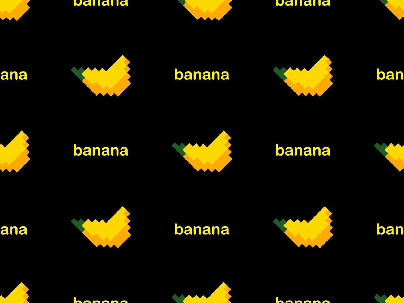 Banana cartoon character seamless pattern on black background.Pixel style vector