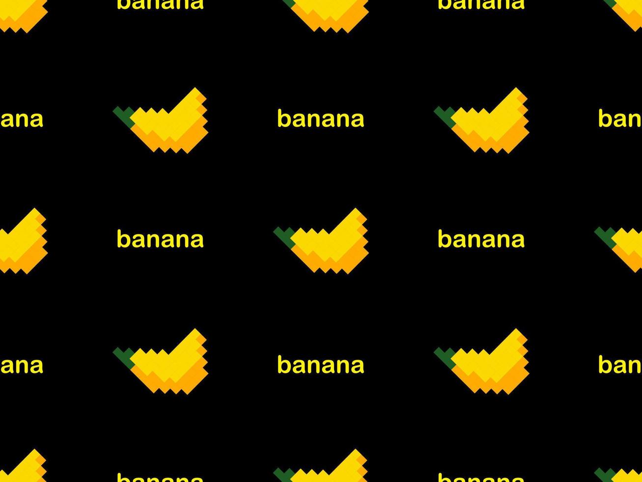 Banana cartoon character seamless pattern on black background.Pixel style vector