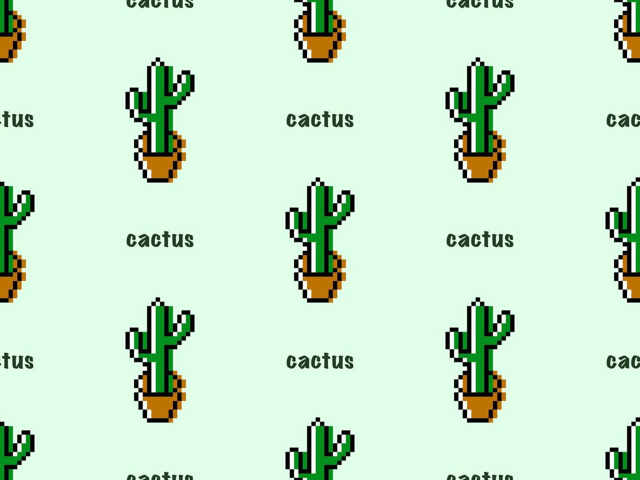 Cactus cartoon character seamless pattern on green background.Pixel style vector