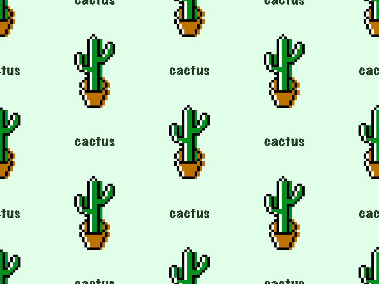 Cactus cartoon character seamless pattern on green background.Pixel style vector