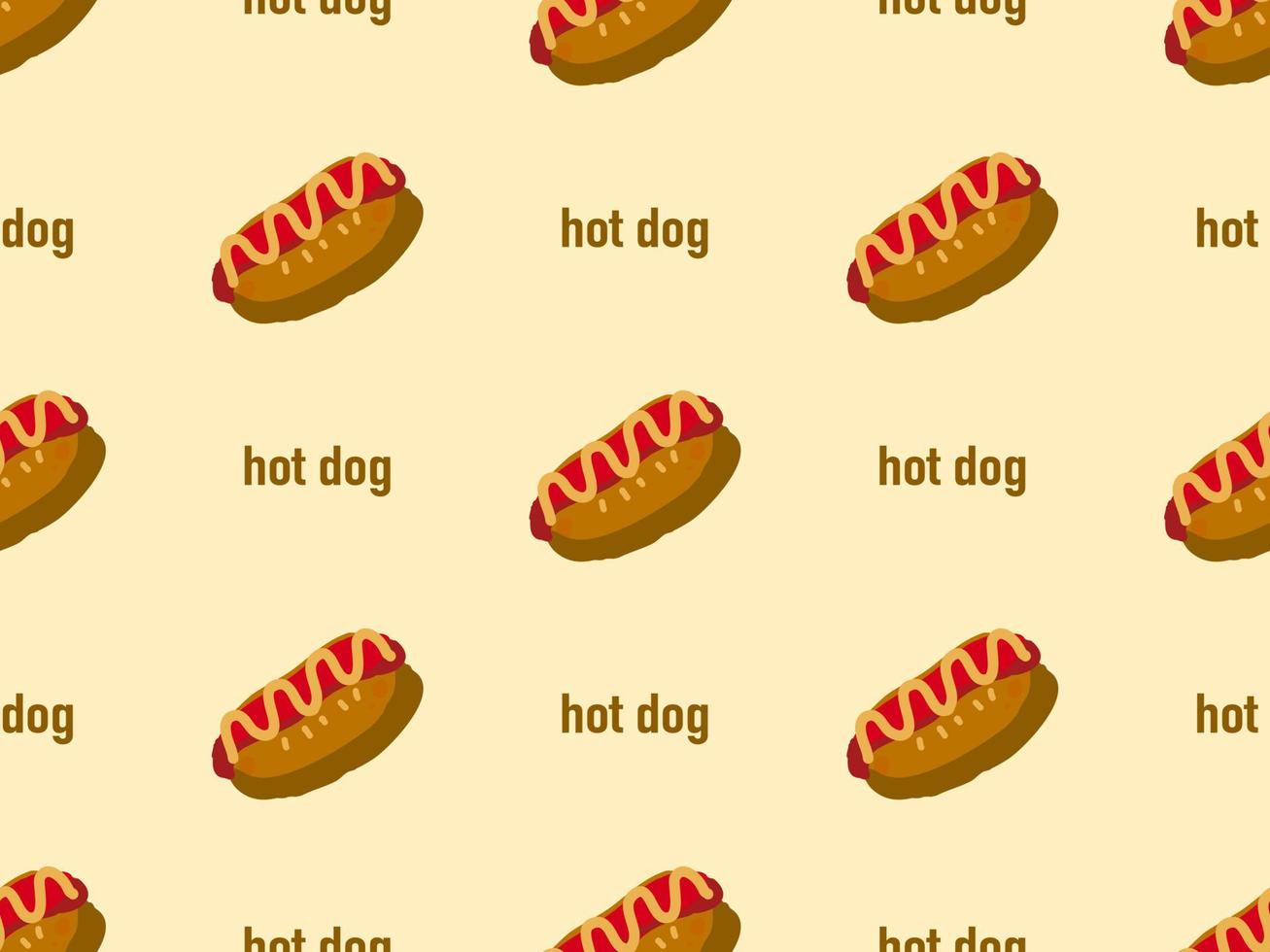 Hot dog cartoon character seamless pattern on yellow background. vector