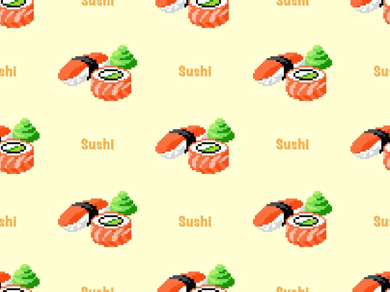 Sushi cartoon character seamless pattern on yellow background.Pixel style vector
