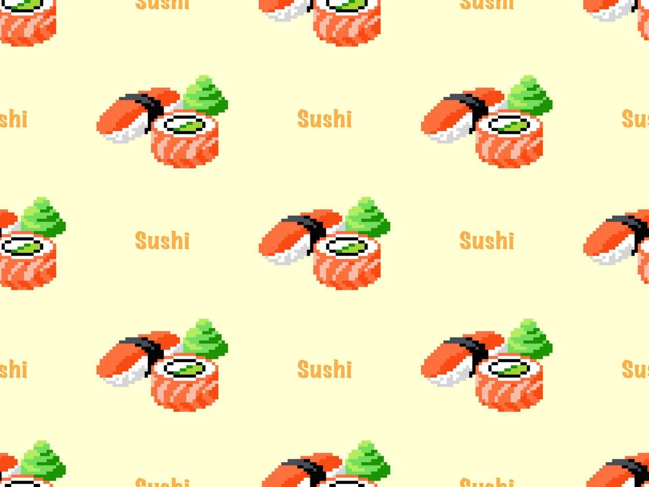 Sushi cartoon character seamless pattern on yellow background.Pixel style vector