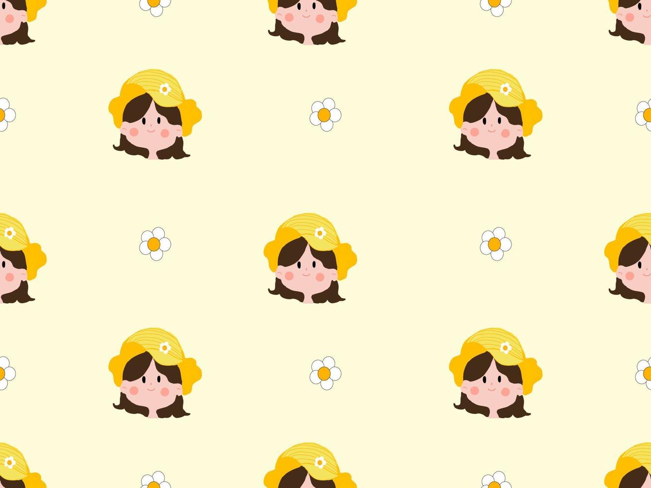 Girl cartoon character seamless pattern on yellow background. vector