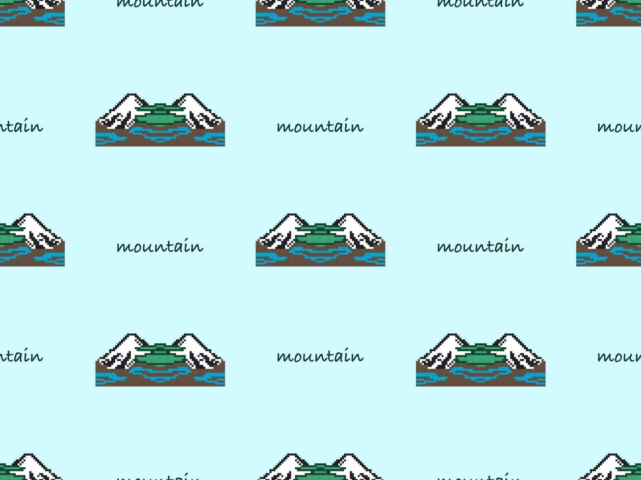 Mountain cartoon character seamless pattern on blue background. Pixel style vector