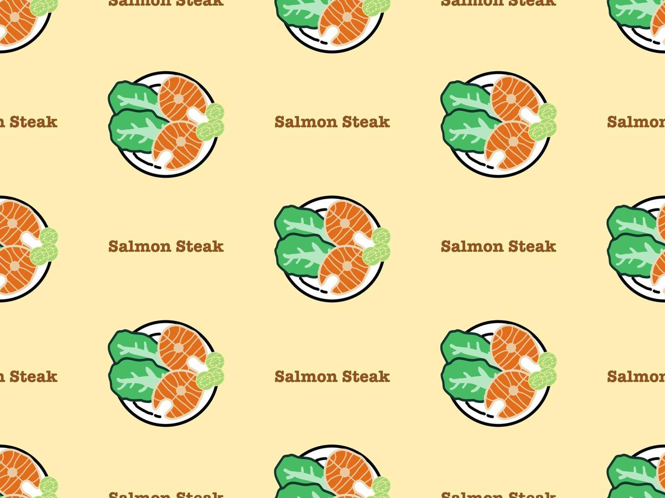 Salmon steak cartoon character seamless pattern on yellow background. vector