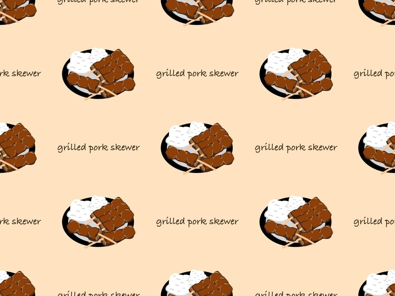 Grilled pork cartoon character seamless pattern on orange background. vector