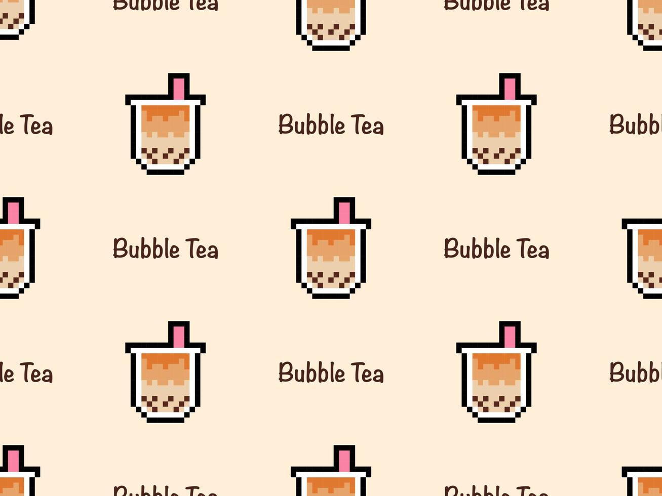 Bubble tea cartoon character seamless pattern on orange background.Pixel style vector