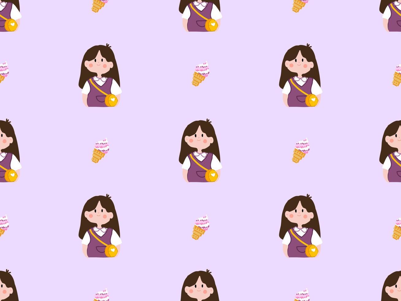 Girl cartoon character seamless pattern on purple background. vector