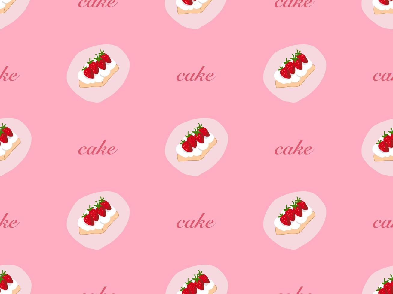 Strawberry cake cartoon character seamless pattern on pink background. vector