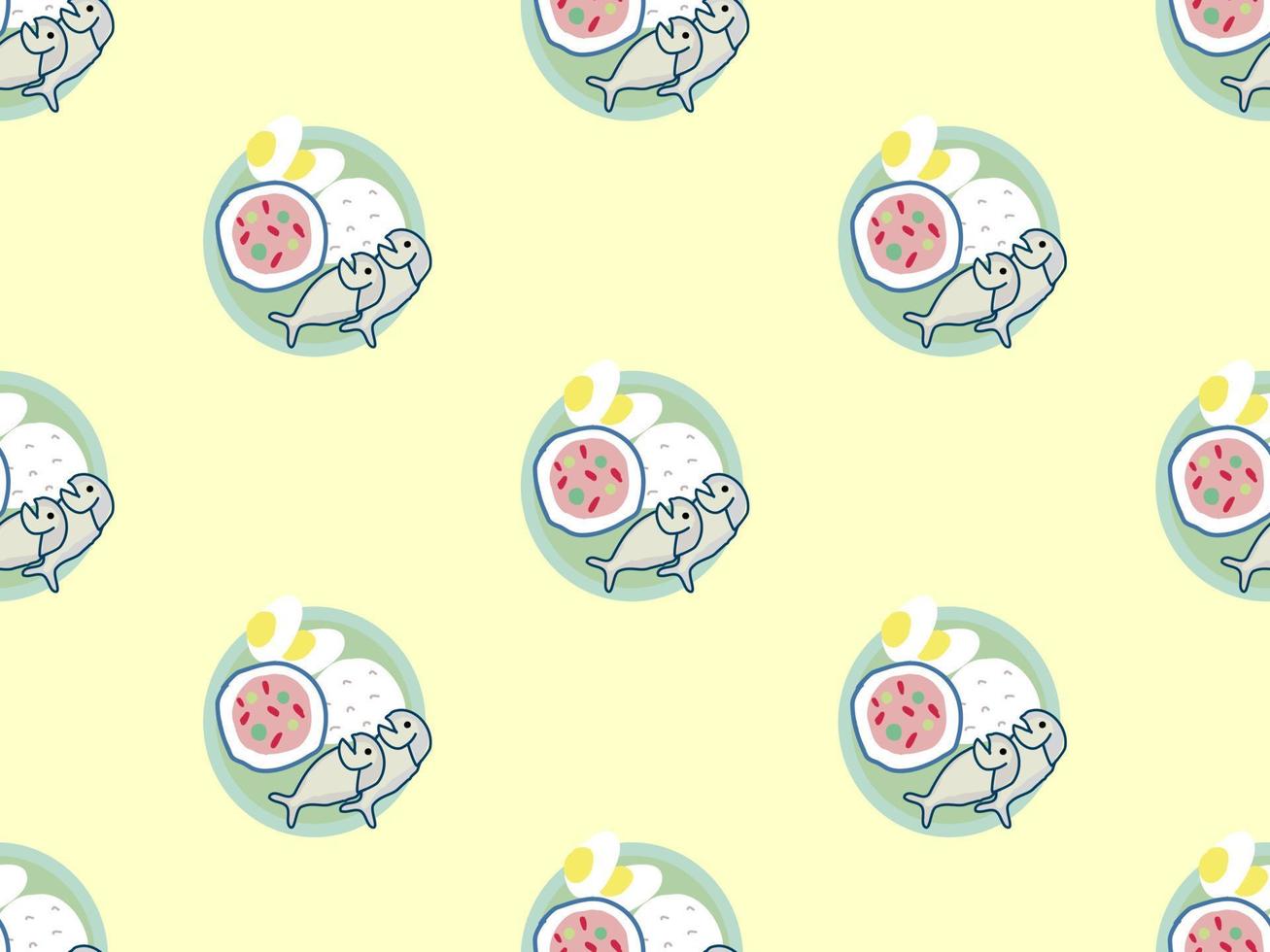Mackerel cartoon character seamless pattern on yellow background. vector