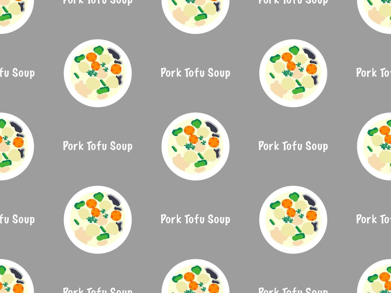 Pork tofu soup cartoon character seamless pattern on gray background. vector