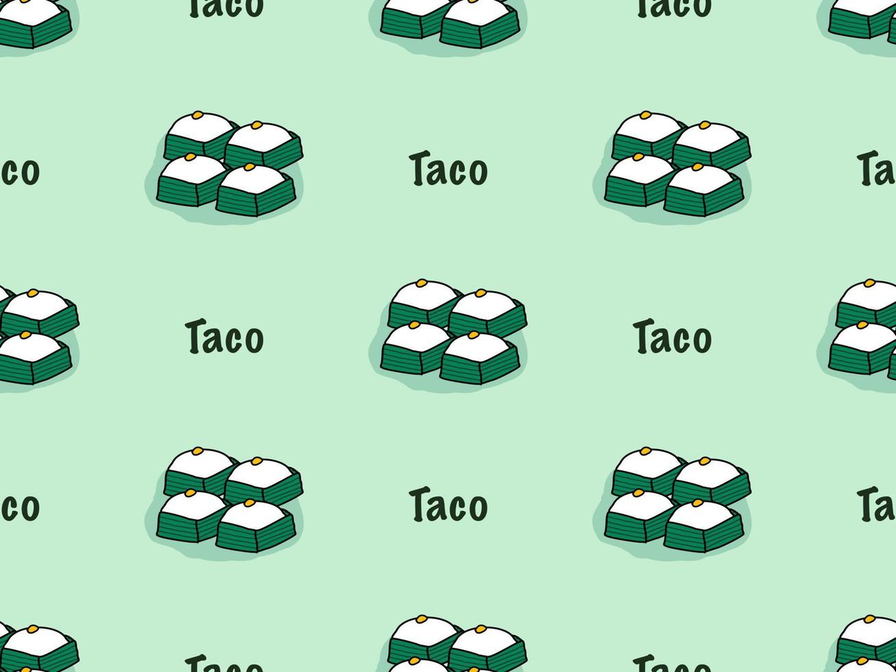 Taco cartoon character seamless pattern on green background. vector