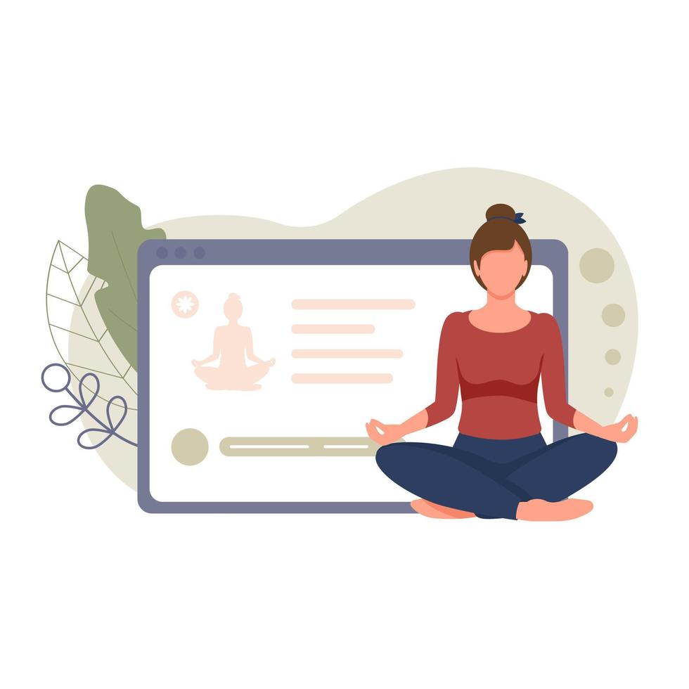 Online yoga and meditation concept with mobile. Young woman sits in lotus position and meditates against background of smartphone with yoga training site. Online training vector