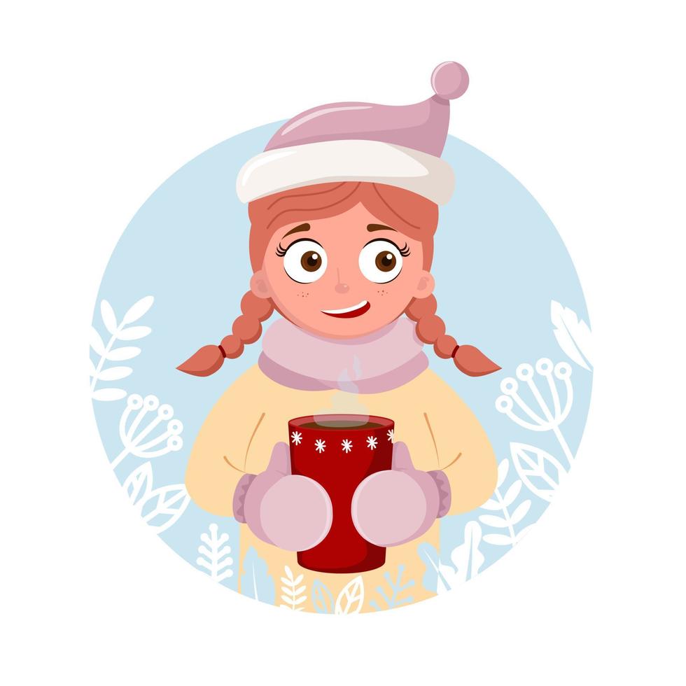 chica en invierno tiene una taza de té o café en sus manos. hermoso fondo de invierno. chica en ropa de abrigo de invierno, sombrero vector