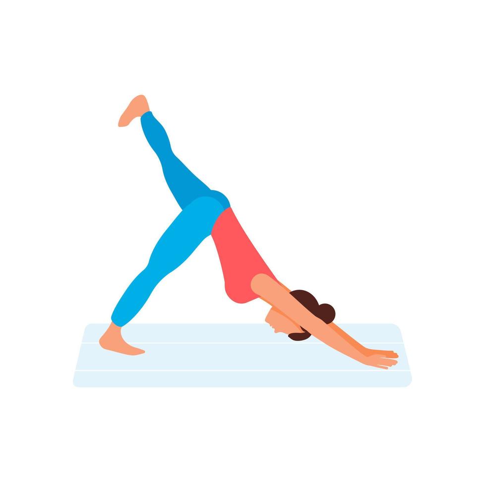 yoga de la mujer. joven atlética realiza un ejercicio de yoga. estilo de vida saludable. el personaje de dibujos animados que muestra posturas de yoga boca abajo está aislado en un fondo blanco vector