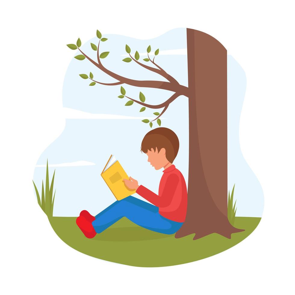 Boy sits under tree and reads book. Schoolboy, student, teenager is relaxing in nature with book. Summer landscape, sky, clouds. Summer holidays. Reading, leisure vector