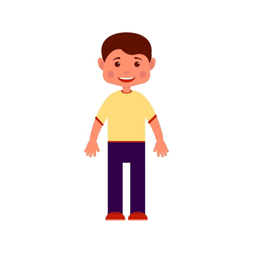 Figure of smiling boy in casual clothes in cartoon style. Cheerful teenager in T-shirt, trousers, sneakers. Character for your project vector