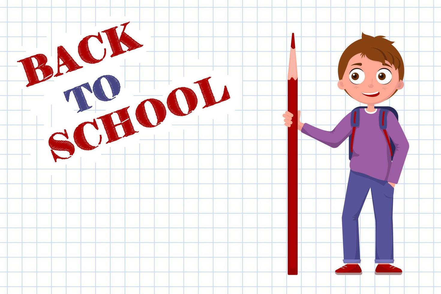 School horizontal banner with inscription Back to school. Paper in cage, cute schoolboy with backpack. Training, education. Template flyer, advertisement. Cartoon character vector