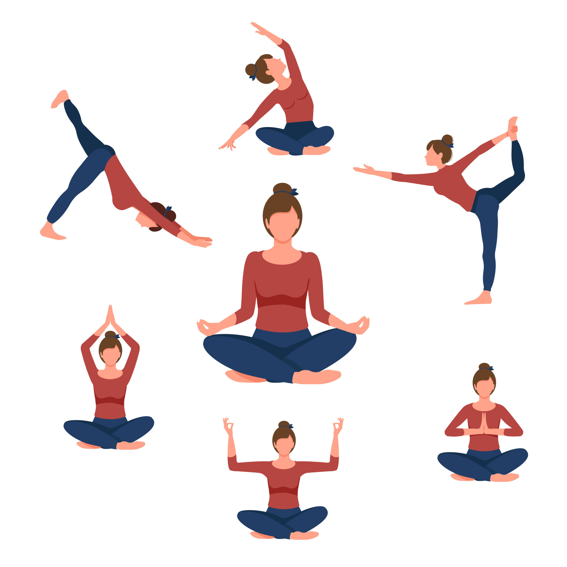Beautiful woman doing yoga exercises. Set of seven yoga poses for easy yoga  at home. Set for sport at home 7525708 Vector Art at Vecteezy