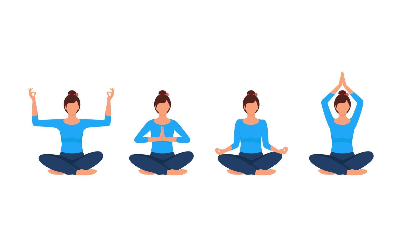 mujer practica yoga, varias posiciones de yoga. cuatro posiciones de loto diferentes. meditación, namaste, manos arriba, manos al costado. estilo de vida saludable vector