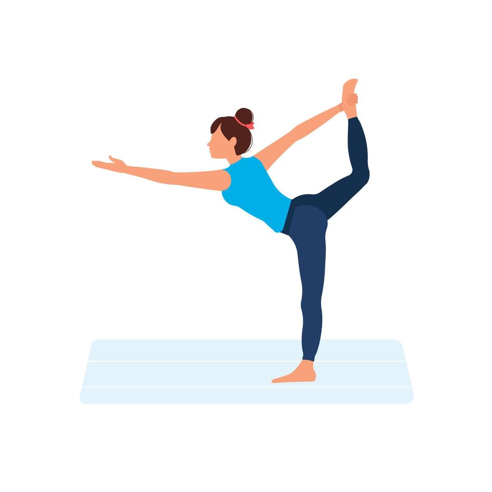 Yoga at home. Woman does yoga standing on one leg. Healthy way of life. Cartoon character demonstrating yoga poses, isolated on a white background vector