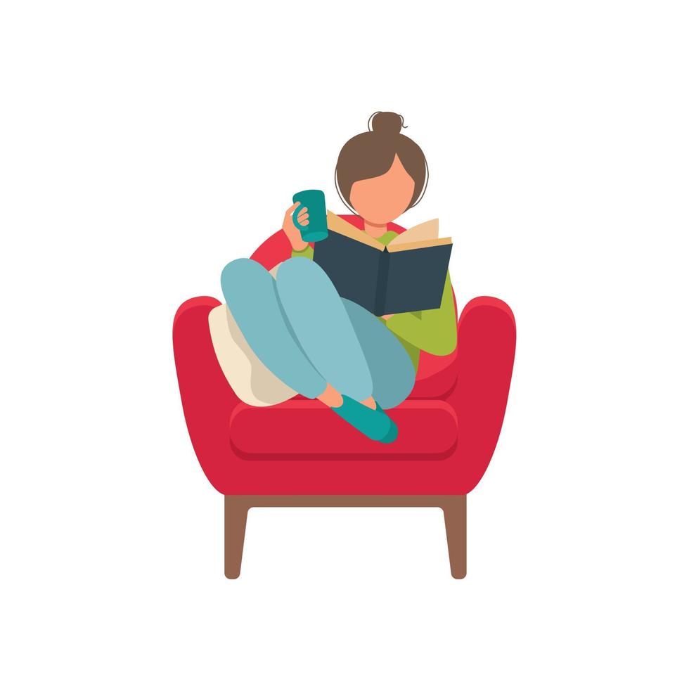 mujer joven leyendo un libro en un acogedor sillón rojo. quedarse en casa concepto vector