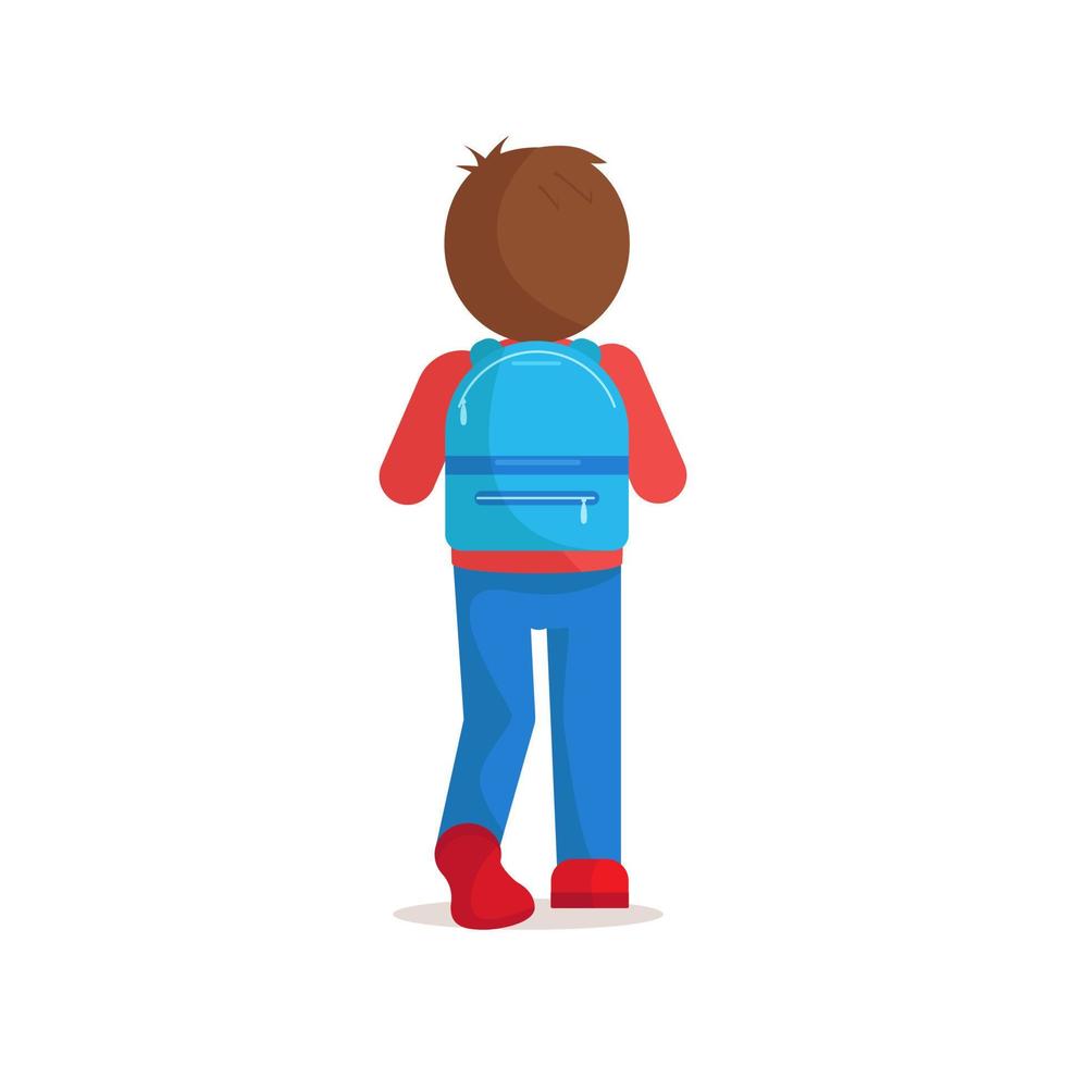 Boy, teenager, student with school backpack stands with his back turned. Schoolboy going to school with backpack. Back to school concept vector