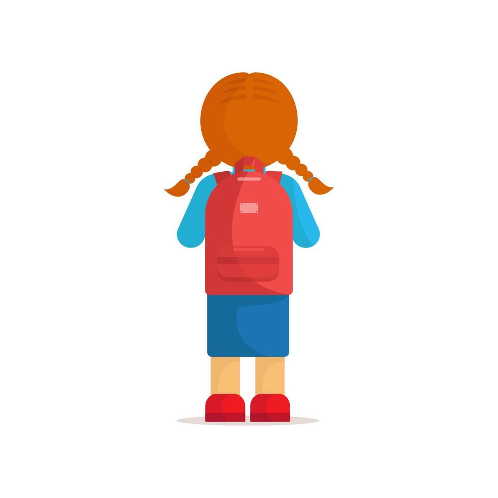 Little girl with pigtails, teenager, with school backpack stands with his back turned. Schoolboy going to school with backpack. Back to school concept vector