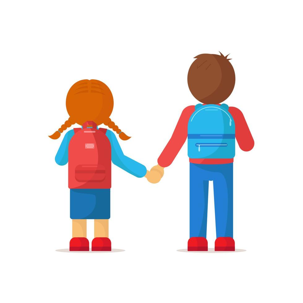 Boy and girl with backpacks hold hands. Poster with students, children, backpacks. Schoolboys going to school with backpack. Back to school vector