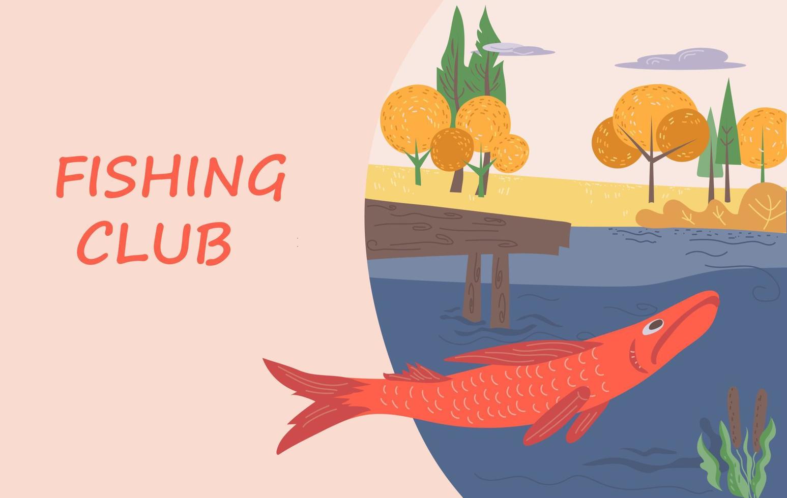 Fishing club poster or banner layout, flat vector illustration.