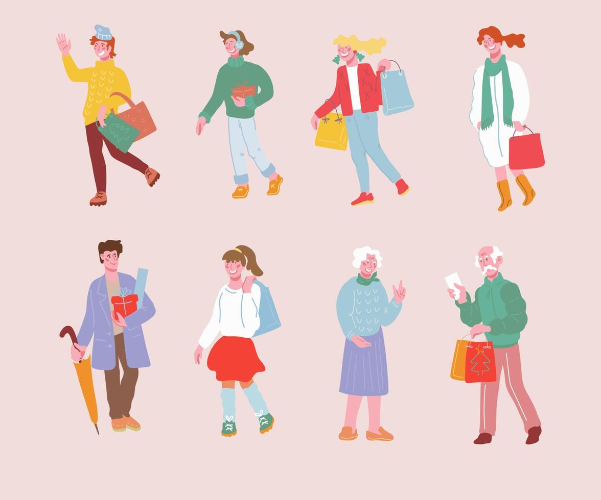 Set of people cartoon characters shopping for Christmas Holidays. Men and women carrying shopping bags with Xmas and New Year presents and purchases. Flat vector illustrations isolated.