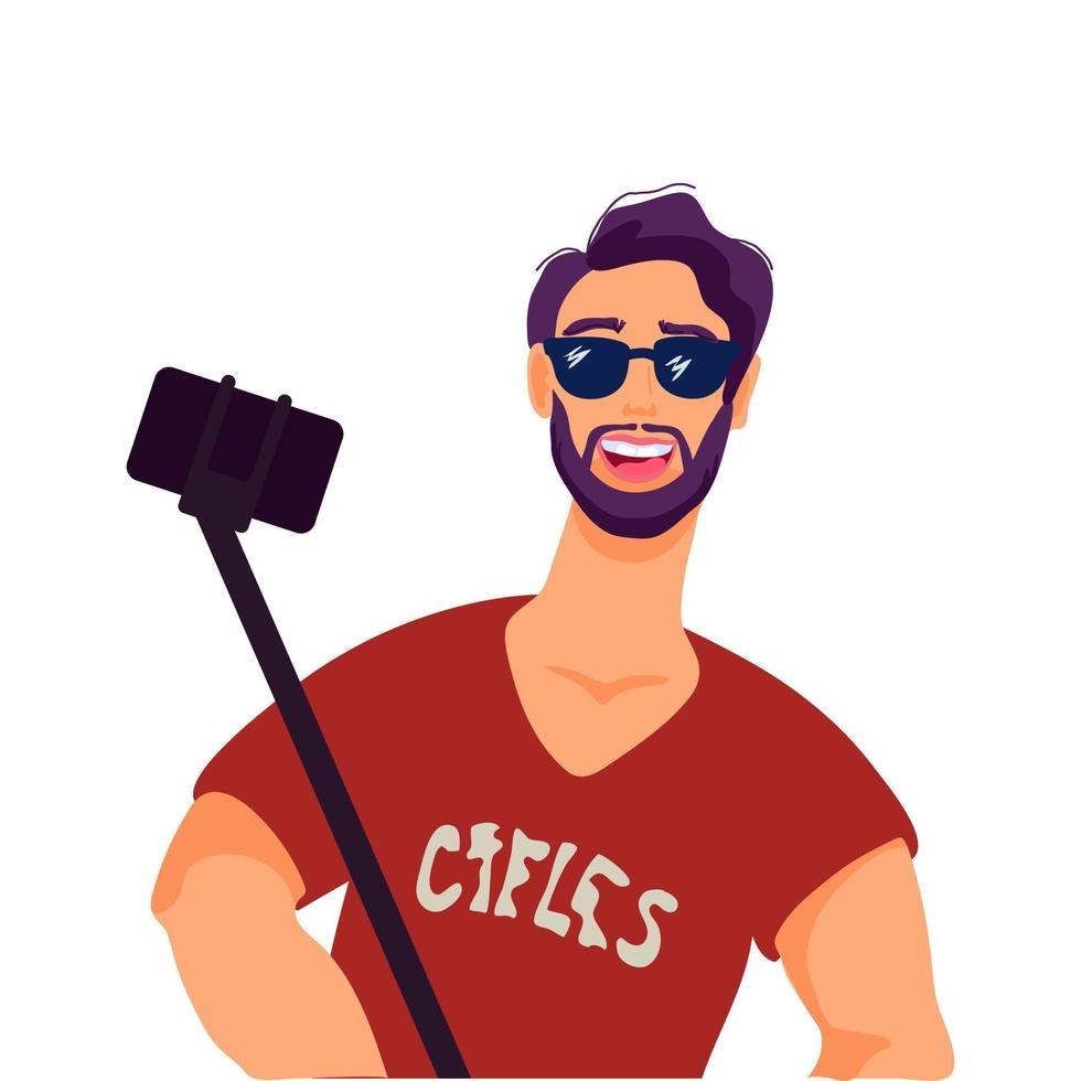 hombre hipster tomando selfie usando un teléfono inteligente y una ilustración de vector plano de palo selfie aislado en fondo blanco. estilo de vida y tecnología de comunicación de telefonía móvil.