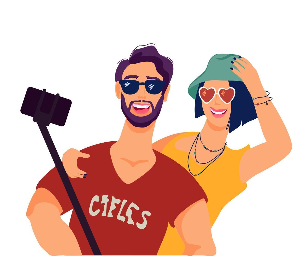 jóvenes tomando selfie usando un smartphone y selfie stick ilustración vectorial plana aislada en fondo blanco. estilo de vida y concepto de tecnología de comunicación de teléfonos móviles. vector