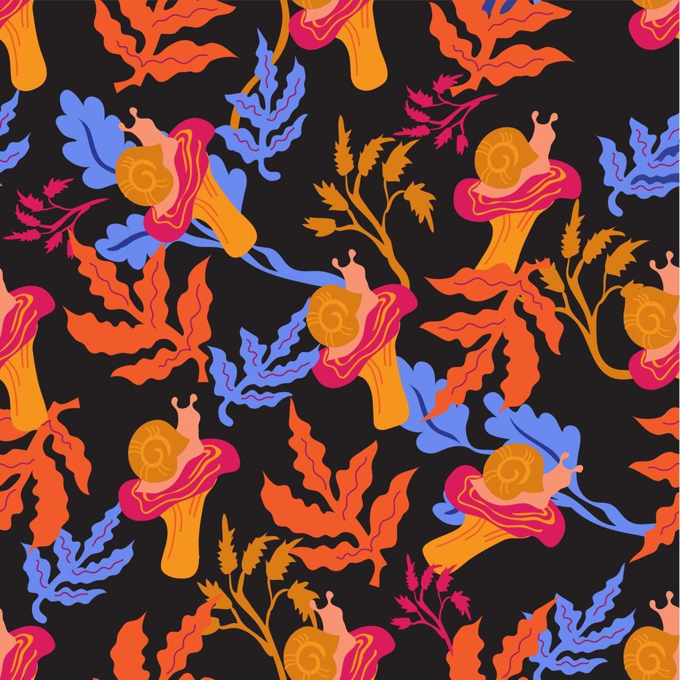Mushrooms, leaves and snails of forest nature seamless pattern vector illustration. Endless texture for textile prints and wrapping with autumn leaves and mushrooms.
