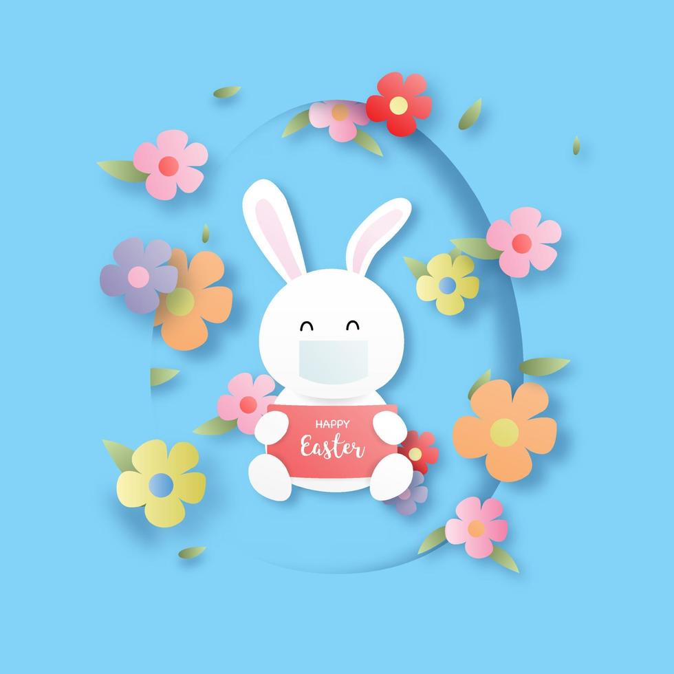 Happy easter. Cute rabbit wearing facemask and flowers. vector