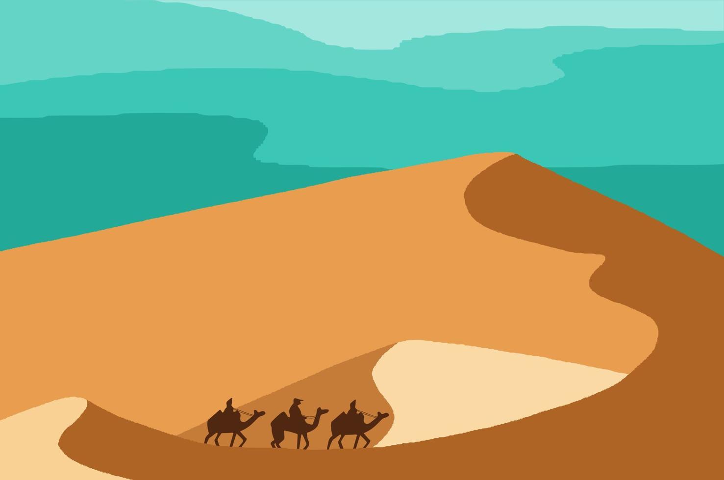 Camel caravan on desert scenery illustration flat design vector