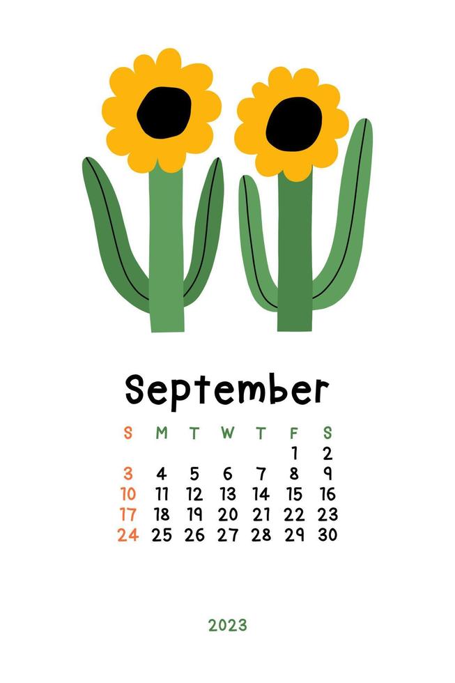 Beautiful Floral Calendar - September 2023. Botanical printable Vector template. Monthly calendar with hand drawn Flower.