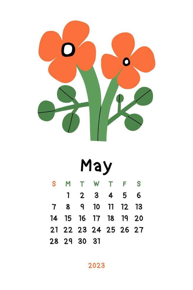 Beautiful Floral Calendar - May 2023. Botanical printable Vector template. Monthly calendar with hand drawn Flower.