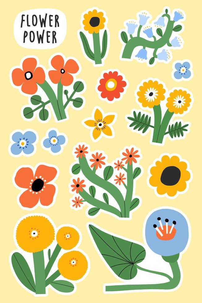 hermoso juego de pegatinas florales. colección de flores vectoriales dibujadas a mano. plantilla imprimible de diferentes flores, perfecta para papelería vector