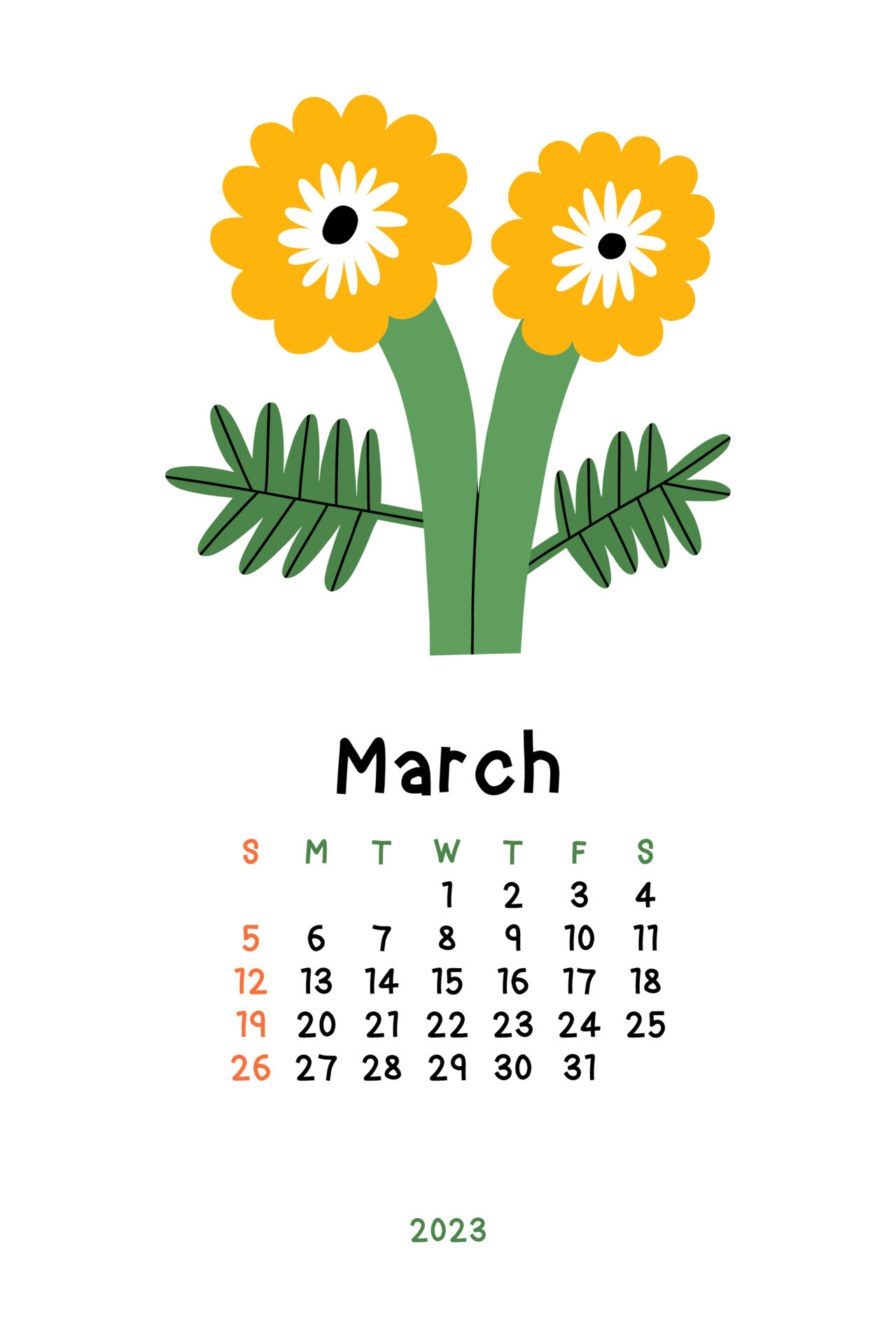 hermoso calendario floral marzo de 2023. plantilla vectorial botánica