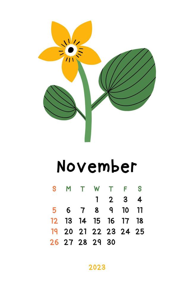 Beautiful Floral Calendar - November 2023. Botanical printable Vector template. Monthly calendar with hand drawn Flower.