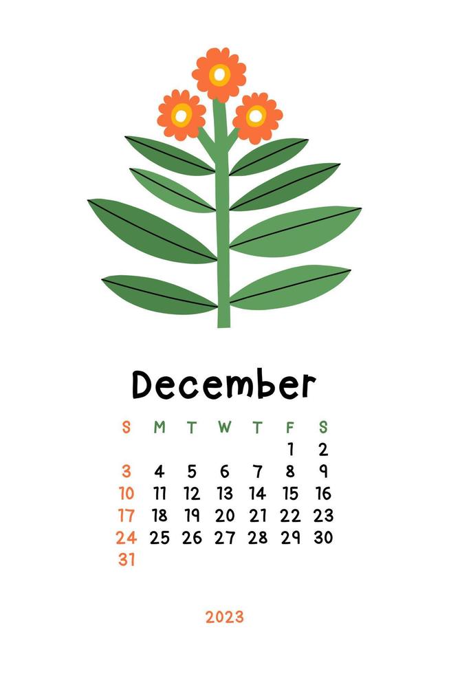 Beautiful Floral Calendar - December 2023. Botanical printable Vector template. Monthly calendar with hand drawn Flower.