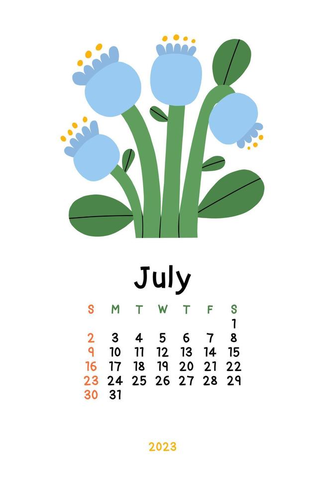 Beautiful Floral Calendar - July 2023. Botanical printable Vector template. Monthly calendar with hand drawn Flower.